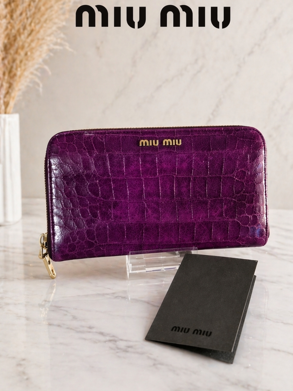 Miu Miu Deep Purple Croc-Embossed Zip Around Wallet with Gold Hardware & Card